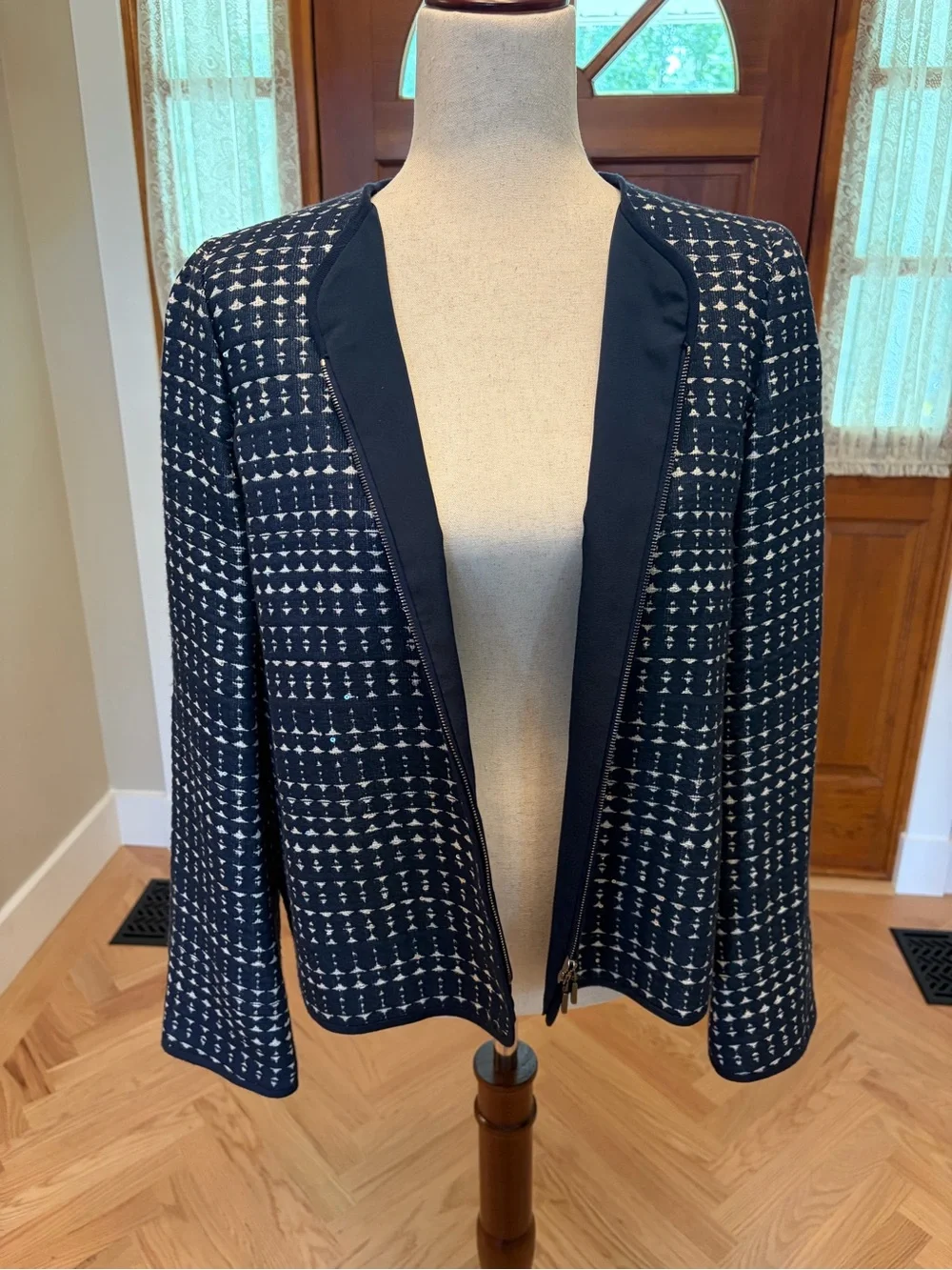Armani Collezioni Navy and White Patterned Varsity Jacket
